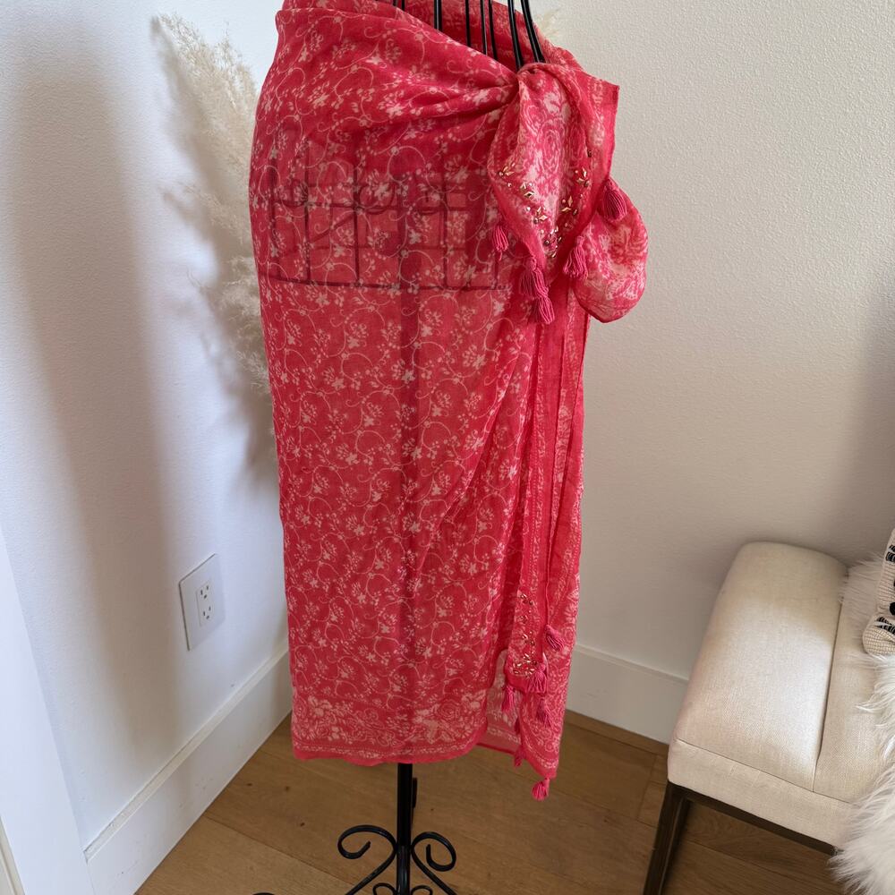 Boutique Pink Floral Sarong Boho Wrap Tassel And Jewel Embellished